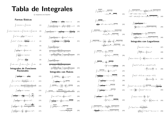 tabla de integrales para imprimir